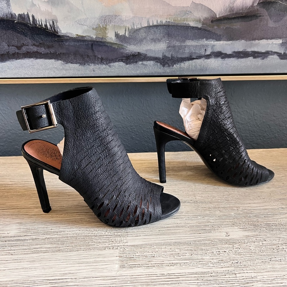 Vince Camuto Kayjay Black Leather Open-Toe Heels - Picture 6 of 9